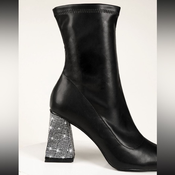 New black faux leather rhinestone chunky heel calf height boots zippered sparkly - Picture 1 of 6